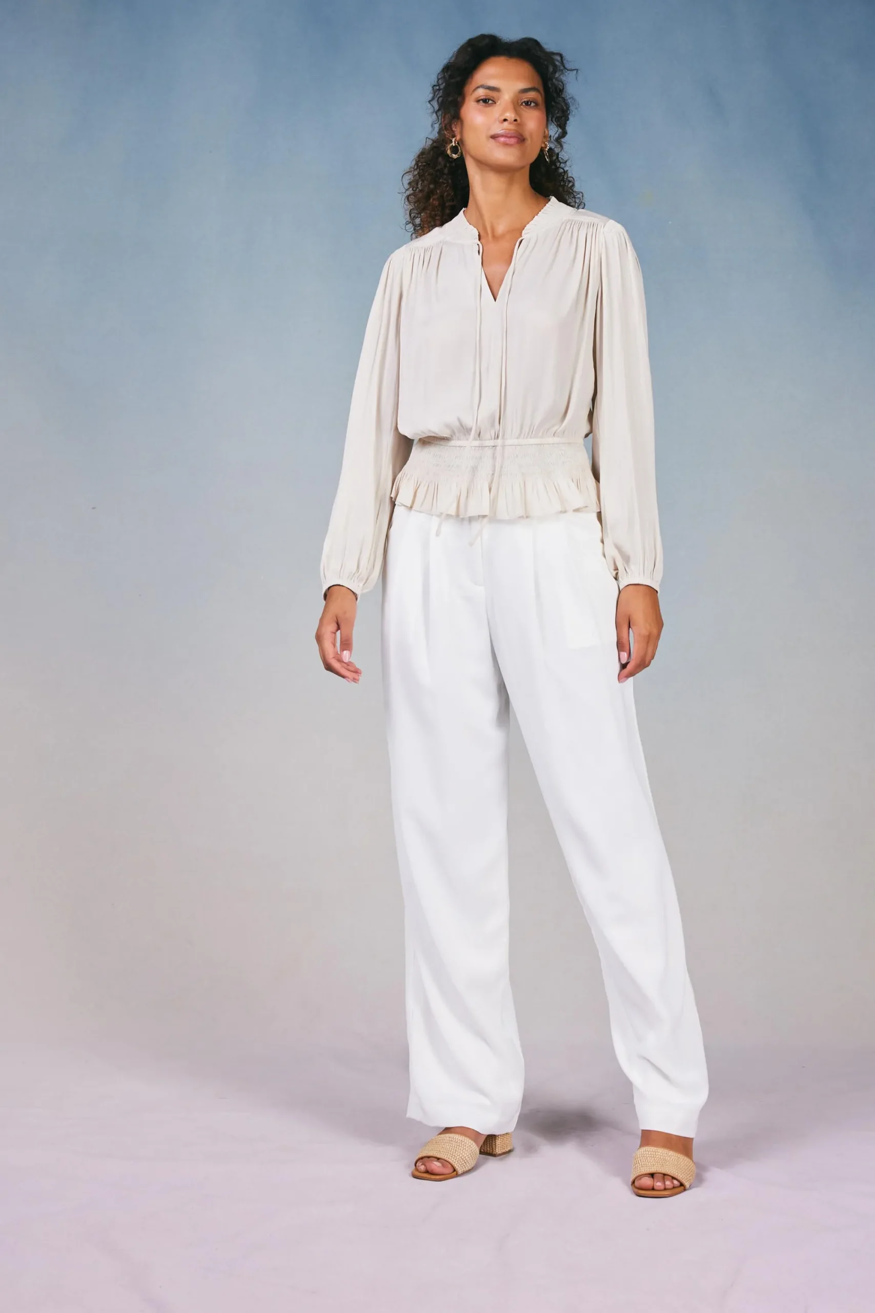 Current Air Long Sleeve Tops-Peplum Collared Blouse ECRU