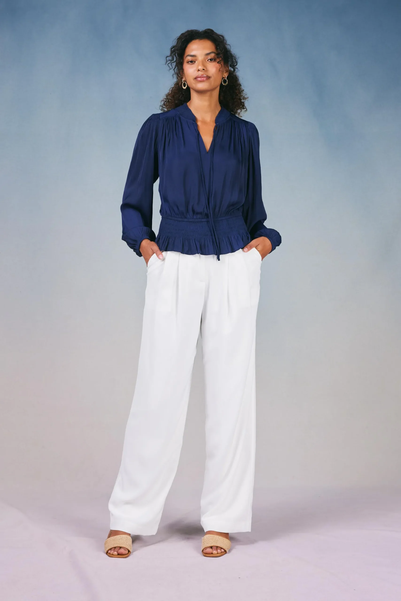 Current Air Long Sleeve Tops-Peplum Collared Blouse NAVY