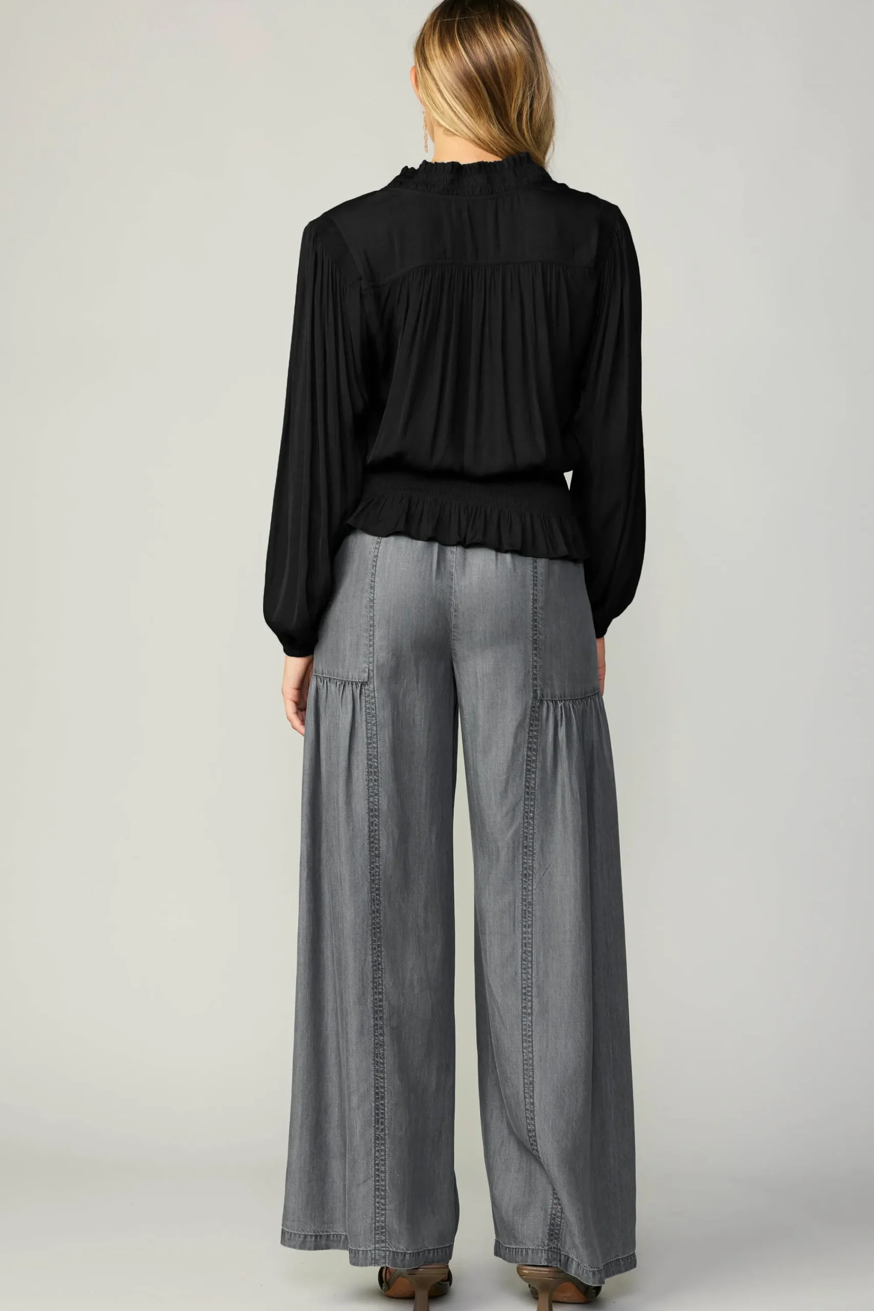 Current Air Long Sleeve Tops-Peplum Collared Blouse BLACK