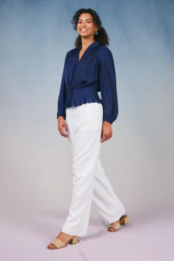 Current Air Long Sleeve Tops-Peplum Collared Blouse NAVY