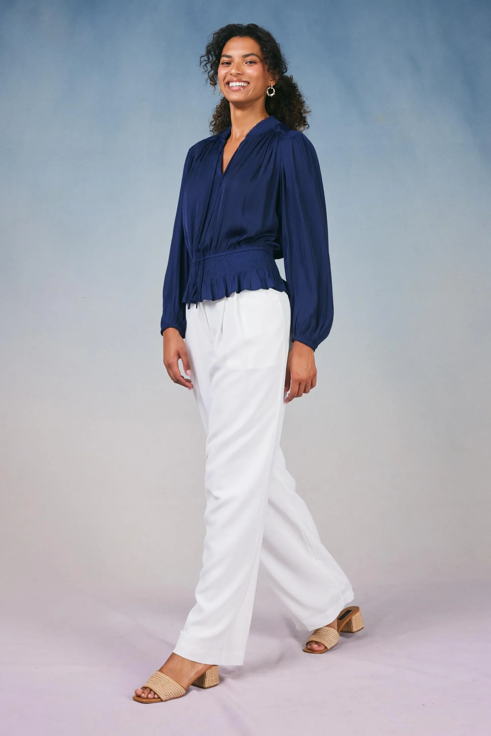 Current Air Long Sleeve Tops-Peplum Collared Blouse NAVY