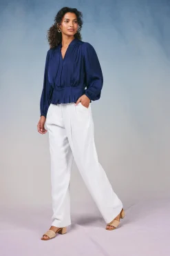 Current Air Long Sleeve Tops-Peplum Collared Blouse NAVY