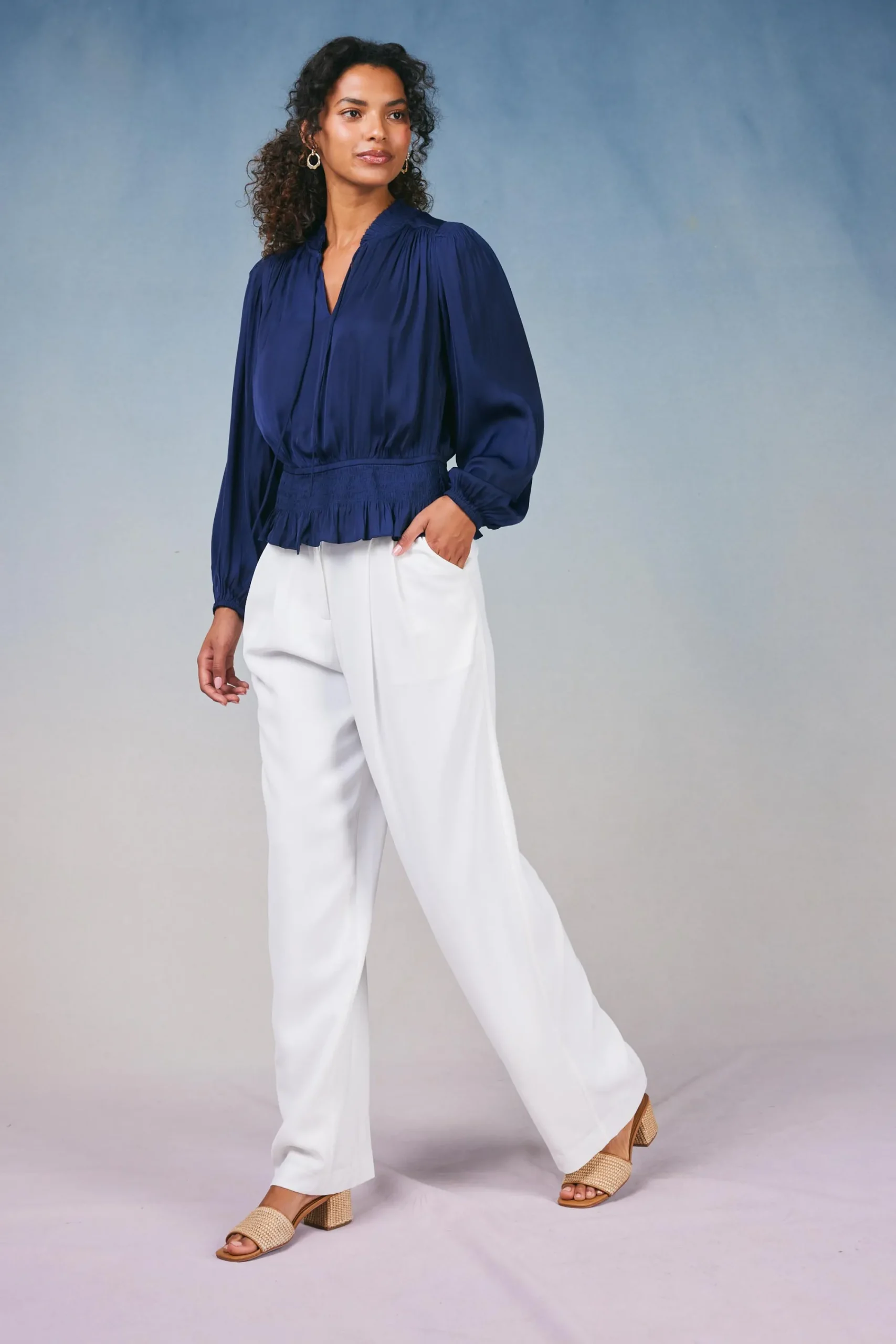 Current Air Long Sleeve Tops-Peplum Collared Blouse NAVY