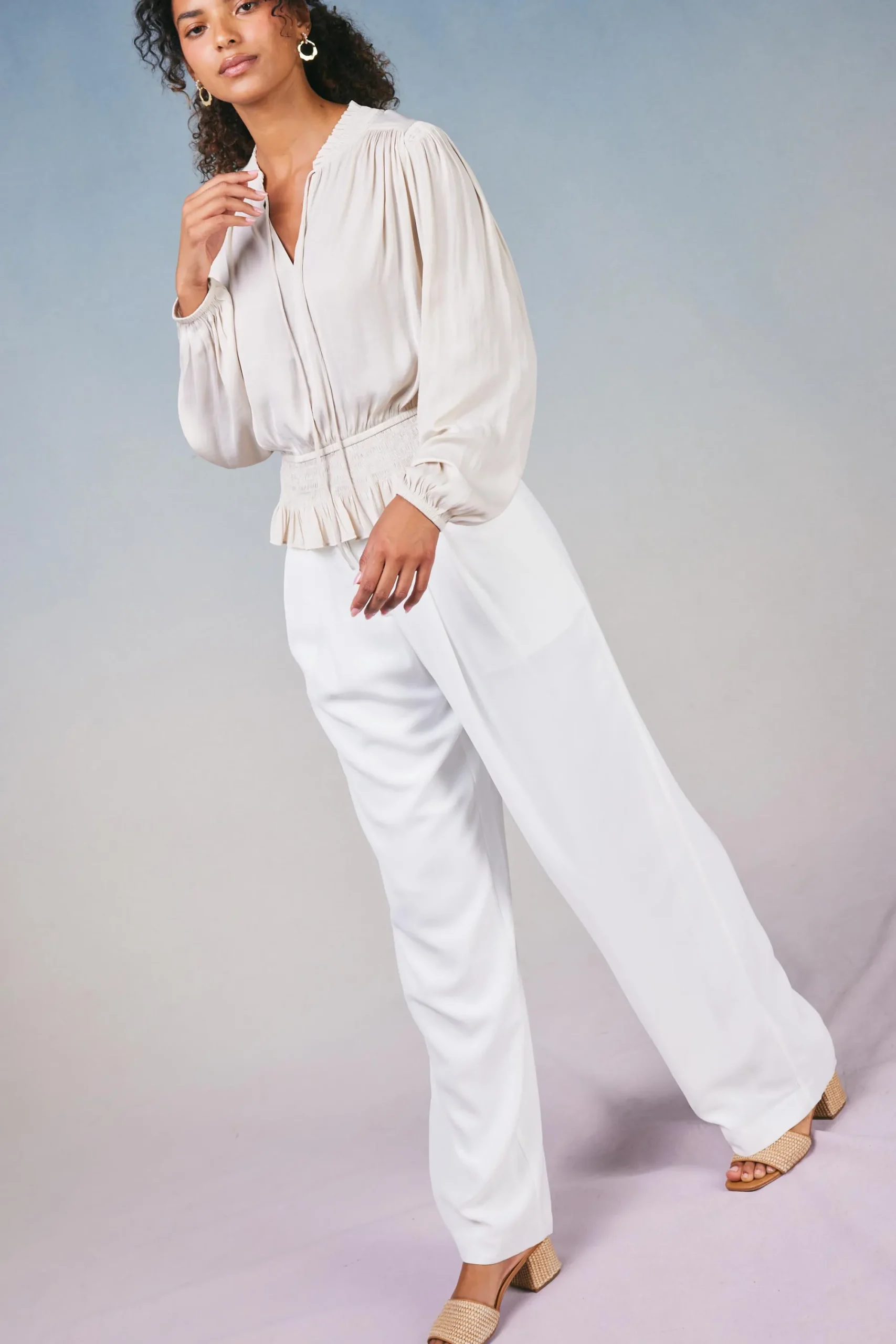 Current Air Long Sleeve Tops-Peplum Collared Blouse ECRU