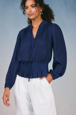 Current Air Long Sleeve Tops-Peplum Collared Blouse NAVY