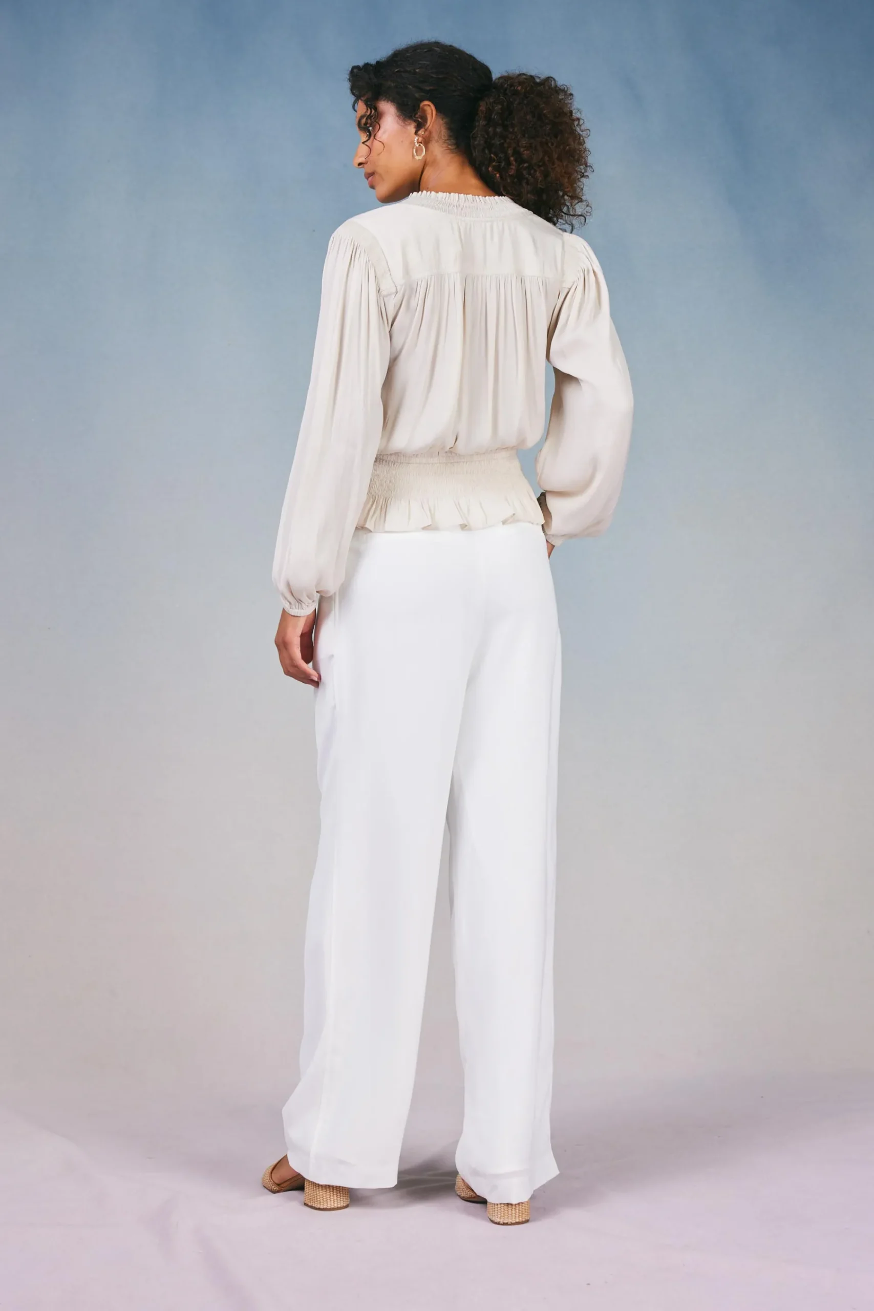 Current Air Long Sleeve Tops-Peplum Collared Blouse ECRU