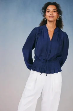 Current Air Long Sleeve Tops-Peplum Collared Blouse NAVY