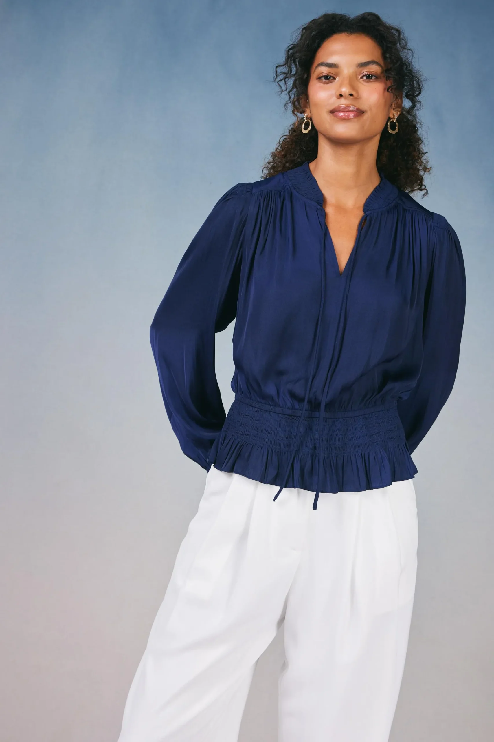 Current Air Long Sleeve Tops-Peplum Collared Blouse NAVY