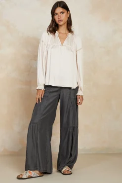 Current Air Long Sleeve Tops-Picot Ruffled Blouse ECRU