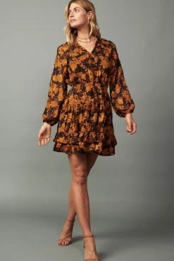 Current Air Mini Dresses-Picot Stitch Ruffled Mini Dress BROWNORANGEFLORAL