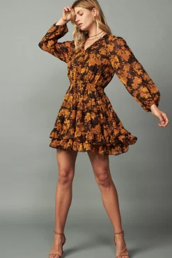 Current Air Mini Dresses-Picot Stitch Ruffled Mini Dress BROWNORANGEFLORAL