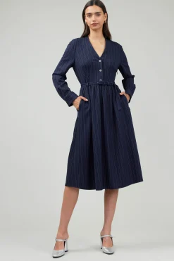 Current Air Midi Dresses-Pinstriped Buttondown Midi Dress NAVY