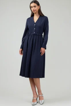 Current Air Midi Dresses-Pinstriped Buttondown Midi Dress NAVY