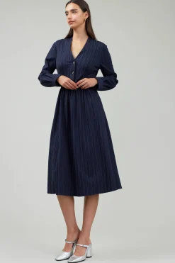 Current Air Midi Dresses-Pinstriped Buttondown Midi Dress NAVY