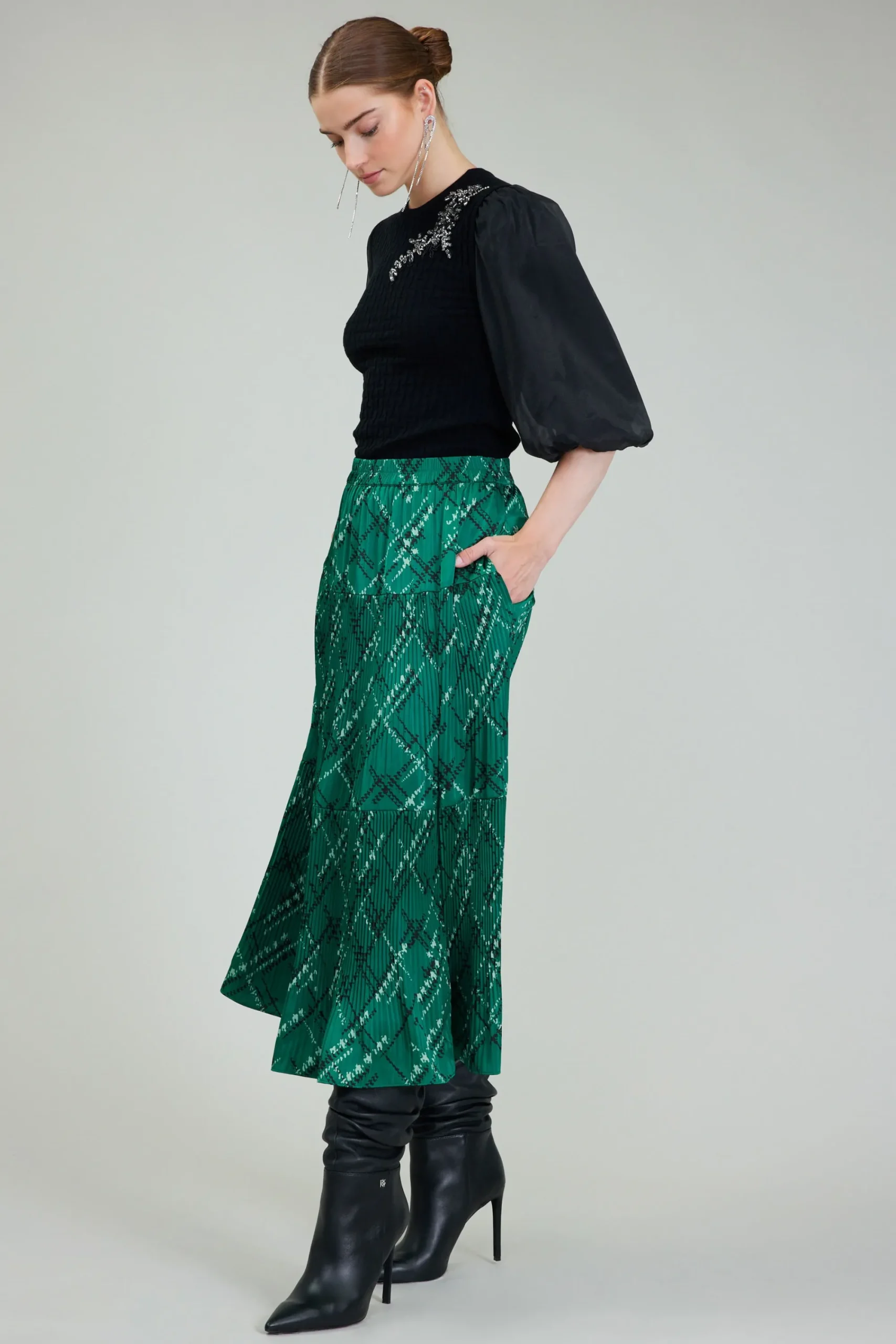 Current Air Skirts-Plaid Pattern Midi Skirt GREEN