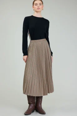 Current Air Skirts-Plaid Pleated Midi Skirt CAMELMLT