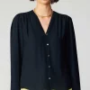Current Air Long Sleeve Tops-Pleat Detail Buttondown Shirt BLACK