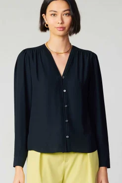 Current Air Long Sleeve Tops-Pleat Detail Buttondown Shirt BLACK