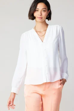 Current Air Long Sleeve Tops-Pleat Detail Buttondown Shirt WHITE