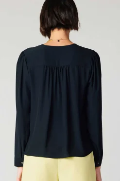 Current Air Long Sleeve Tops-Pleat Detail Buttondown Shirt BLACK
