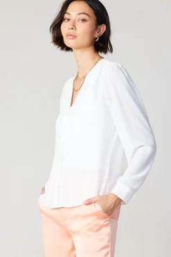 Current Air Long Sleeve Tops-Pleat Detail Buttondown Shirt WHITE
