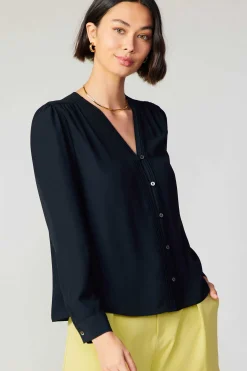 Current Air Long Sleeve Tops-Pleat Detail Buttondown Shirt BLACK