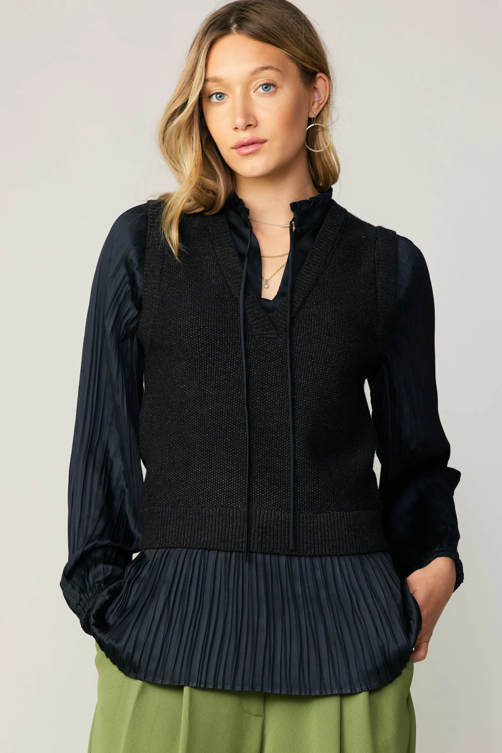 Current Air Sweaters-Pleated Blouse Sweater Vest BLACK