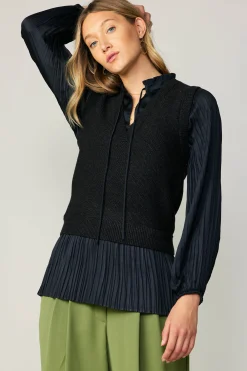 Current Air Sweaters-Pleated Blouse Sweater Vest BLACK