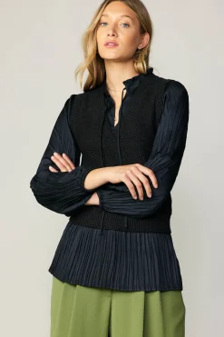 Current Air Sweaters-Pleated Blouse Sweater Vest BLACK