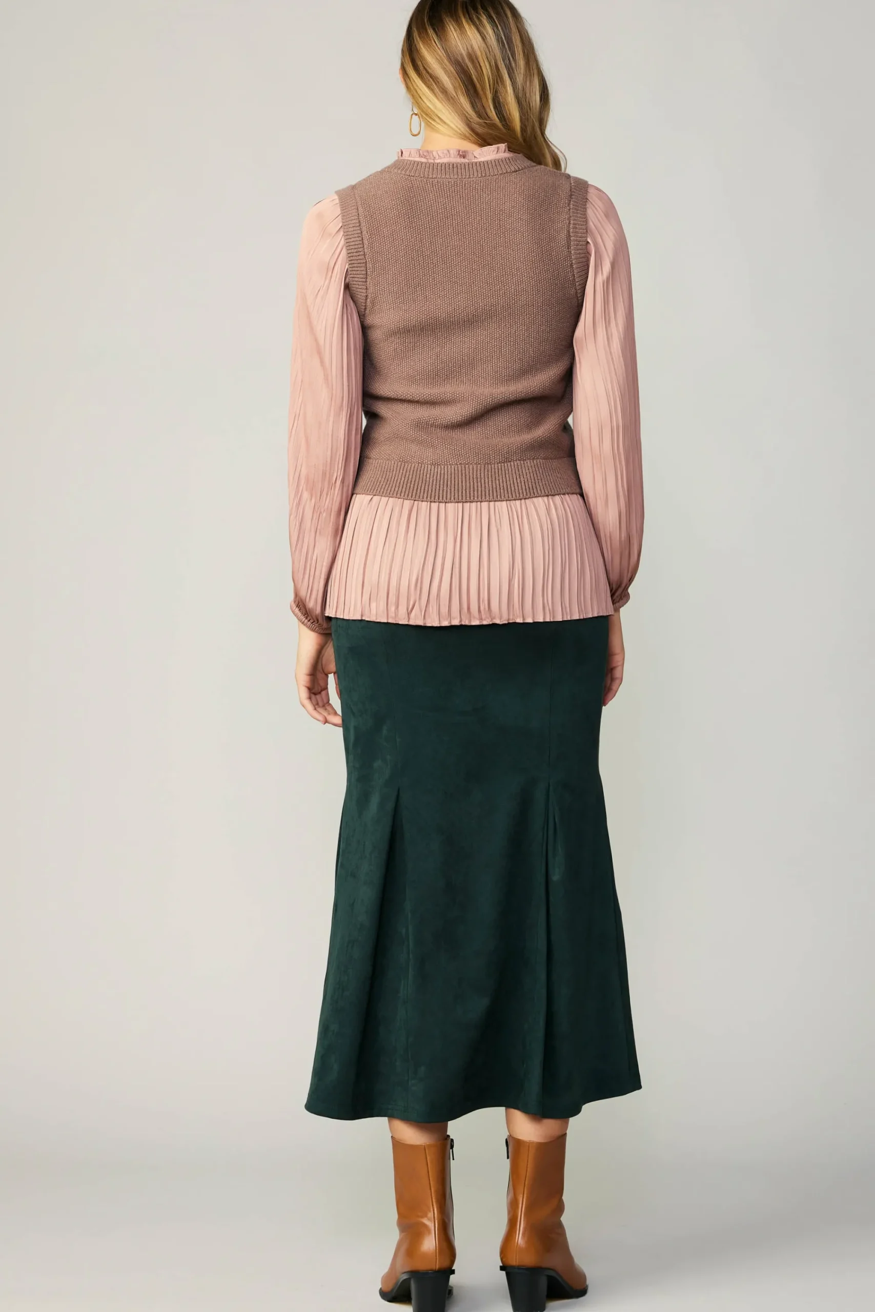 Current Air Sweaters-Pleated Blouse Sweater Vest DUSTYROSE