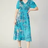 Current Air Midi Dresses-Pleated Botanical Midi Dress TURQUOISE