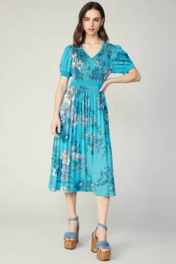 Current Air Midi Dresses-Pleated Botanical Midi Dress TURQUOISE