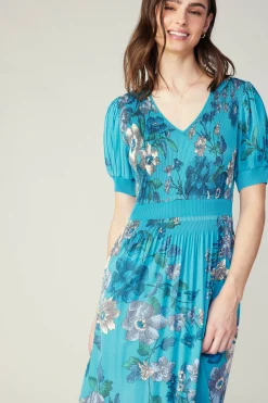 Current Air Midi Dresses-Pleated Botanical Midi Dress TURQUOISE