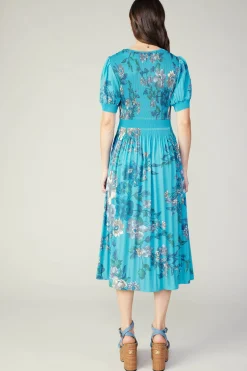 Current Air Midi Dresses-Pleated Botanical Midi Dress TURQUOISE