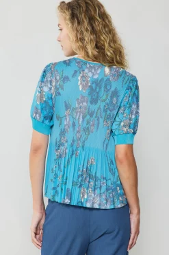 Current Air Short Sleeve Tops-Pleated Botanical Top TURQUOISE