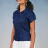 Current Air Short Sleeve Tops-Pleated Button Down Top NAVY