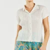 Current Air Short Sleeve Tops-Pleated Button Down Top UNBLEACHED