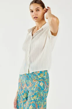 Current Air Short Sleeve Tops-Pleated Button Down Top UNBLEACHED