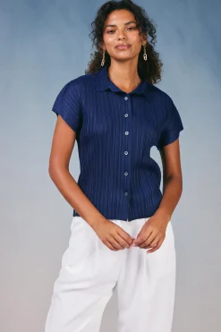 Current Air Short Sleeve Tops-Pleated Button Down Top NAVY