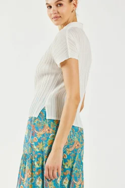 Current Air Short Sleeve Tops-Pleated Button Down Top UNBLEACHED