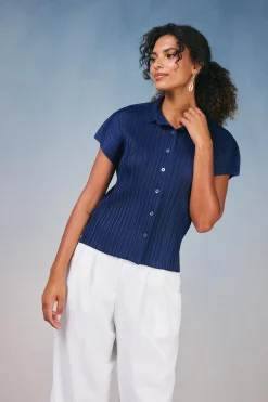 Current Air Short Sleeve Tops-Pleated Button Down Top NAVY