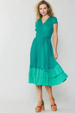 Current Air Midi Dresses-Pleated Colorblock Midi Dress TEAL