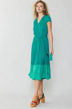 Current Air Midi Dresses-Pleated Colorblock Midi Dress TEAL