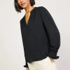 Current Air Long Sleeve Tops-Pleated Cuff Blouse BLACK