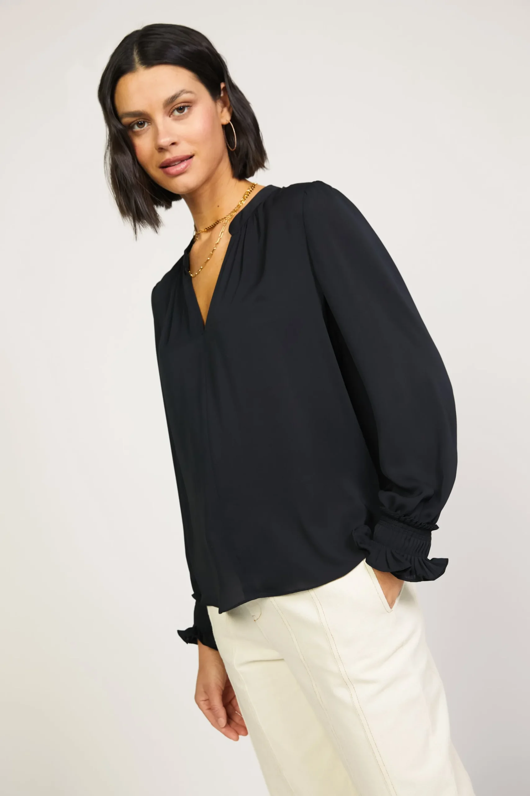 Current Air Long Sleeve Tops-Pleated Cuff Blouse BLACK