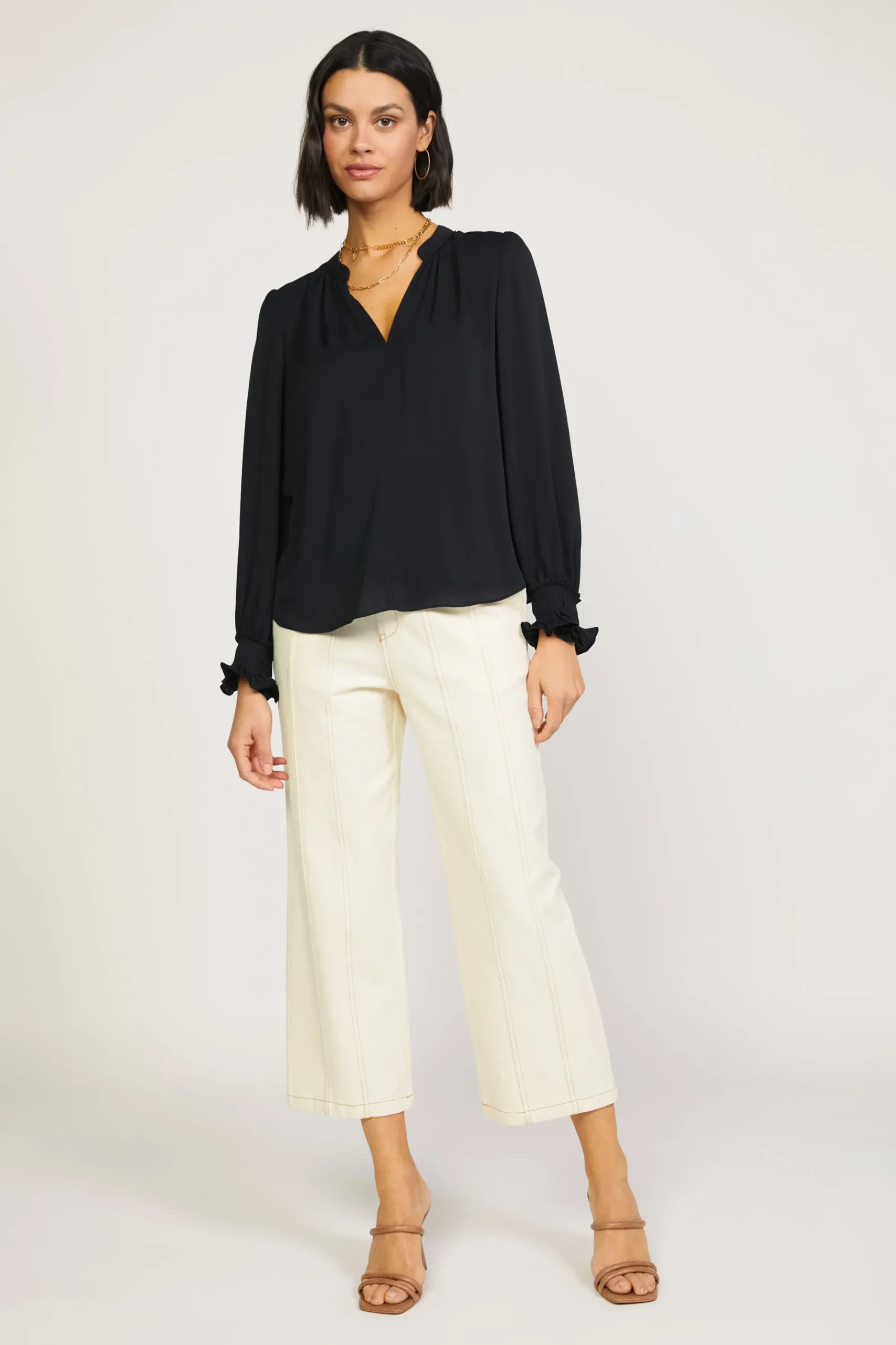 Current Air Long Sleeve Tops-Pleated Cuff Blouse BLACK