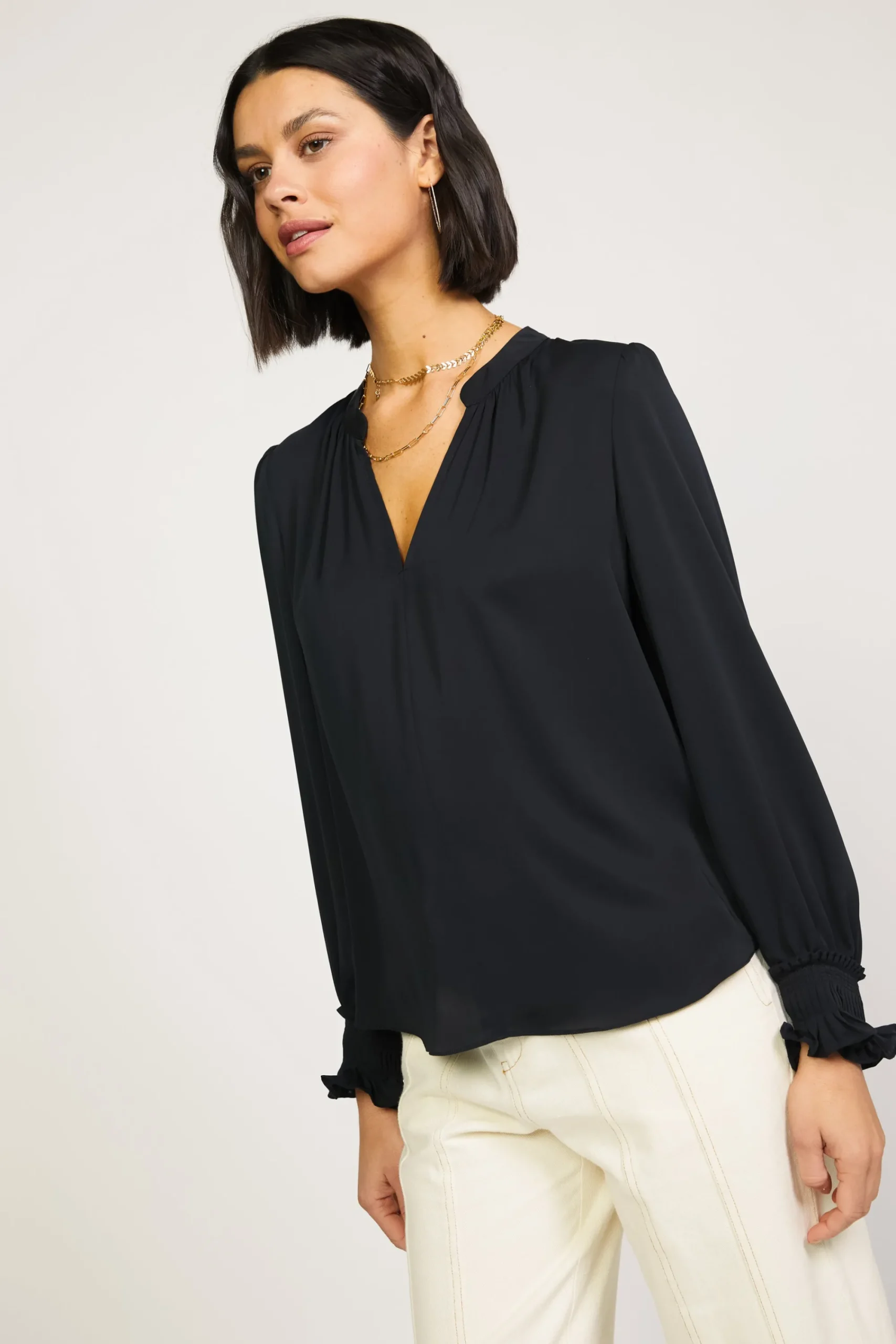 Current Air Long Sleeve Tops-Pleated Cuff Blouse BLACK