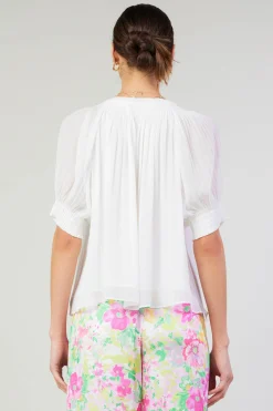 Current Air Short Sleeve Tops-Pleated Cuff Blouse WHITE