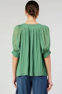 Current Air Short Sleeve Tops-Pleated Cuff Blouse LEAFGREEN