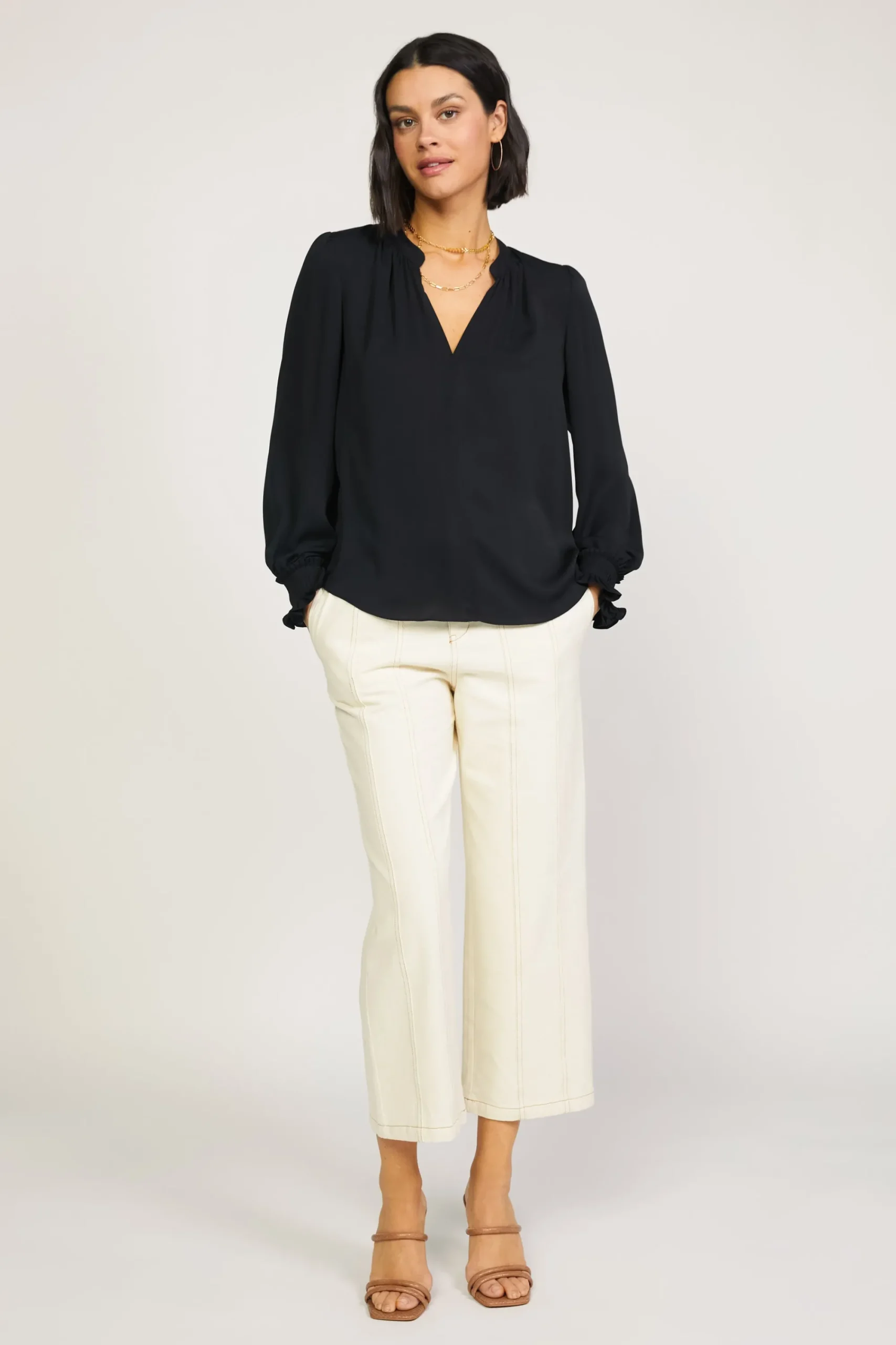 Current Air Long Sleeve Tops-Pleated Cuff Blouse BLACK